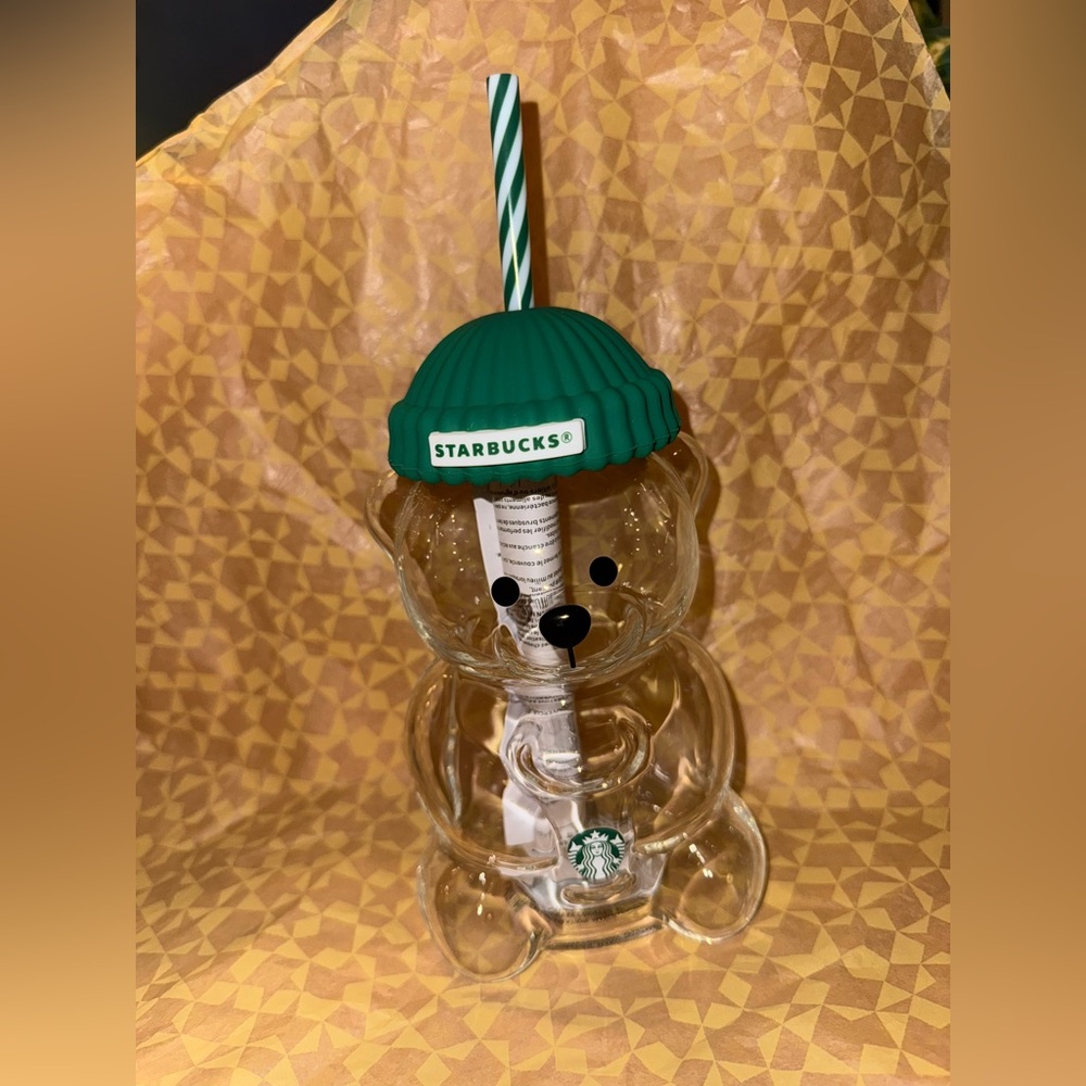 Starbucks Glass Bear Cup with Green Lid and Striped Straw, Bearista - Picture 5 of 5
